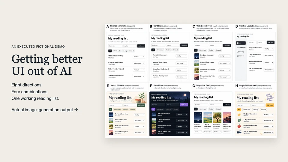 Eight generated reading-list interface directions, from a simple white list to dark, editorial, grid and illustrated layouts.