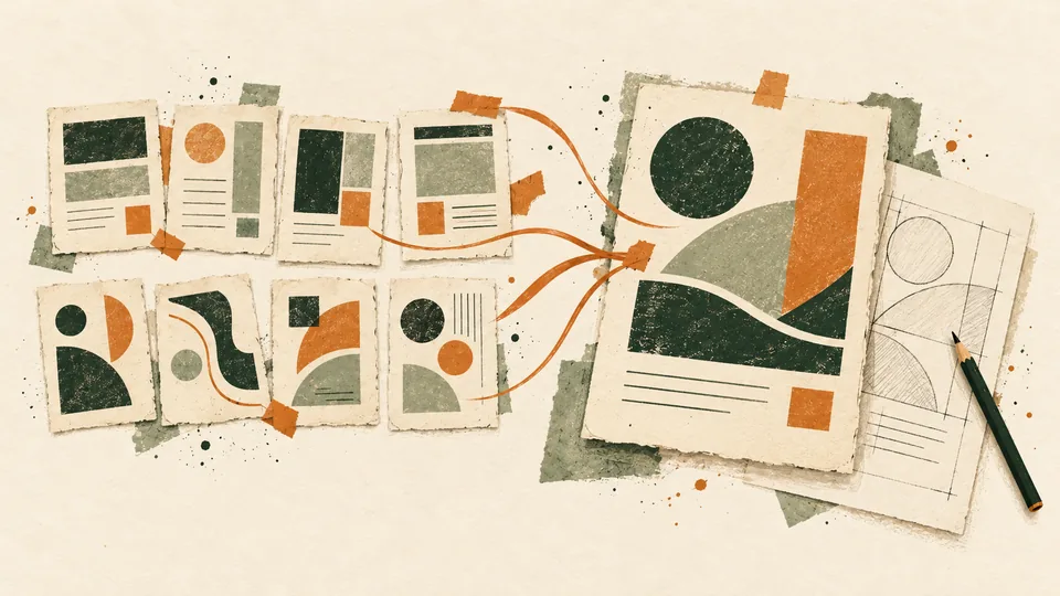 A fan of varied paper design studies converges into a finished interface composition.