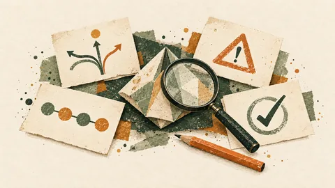 Four review cards and a magnifying glass beside a folded paper model, illustrating independent QA.