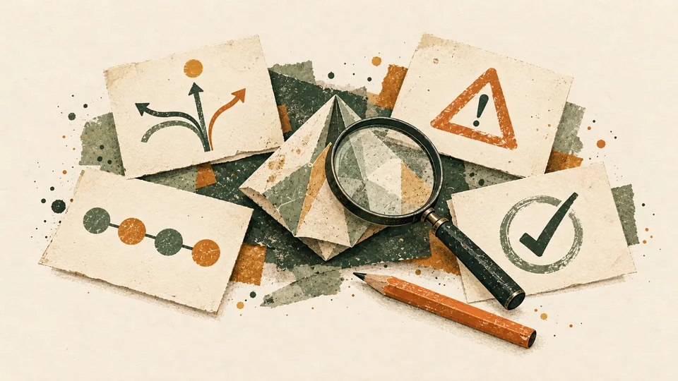 Four review cards and a magnifying glass beside a folded paper model, illustrating independent QA.
